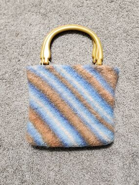 Handmade Blue and Brown Striped Felt Handbag with Plastic Handles